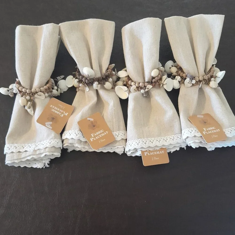Linen Napkins with Seashell Napkin Rings, Set of 4